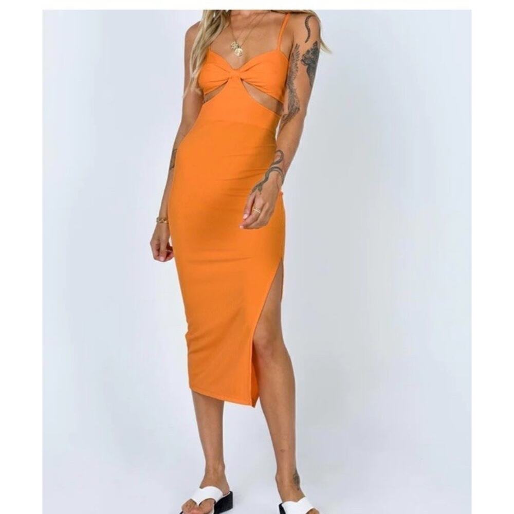 Morning Mist Dress Black Ribbed Midi Cutout With Slit Size US 8 example 🍊 Pict